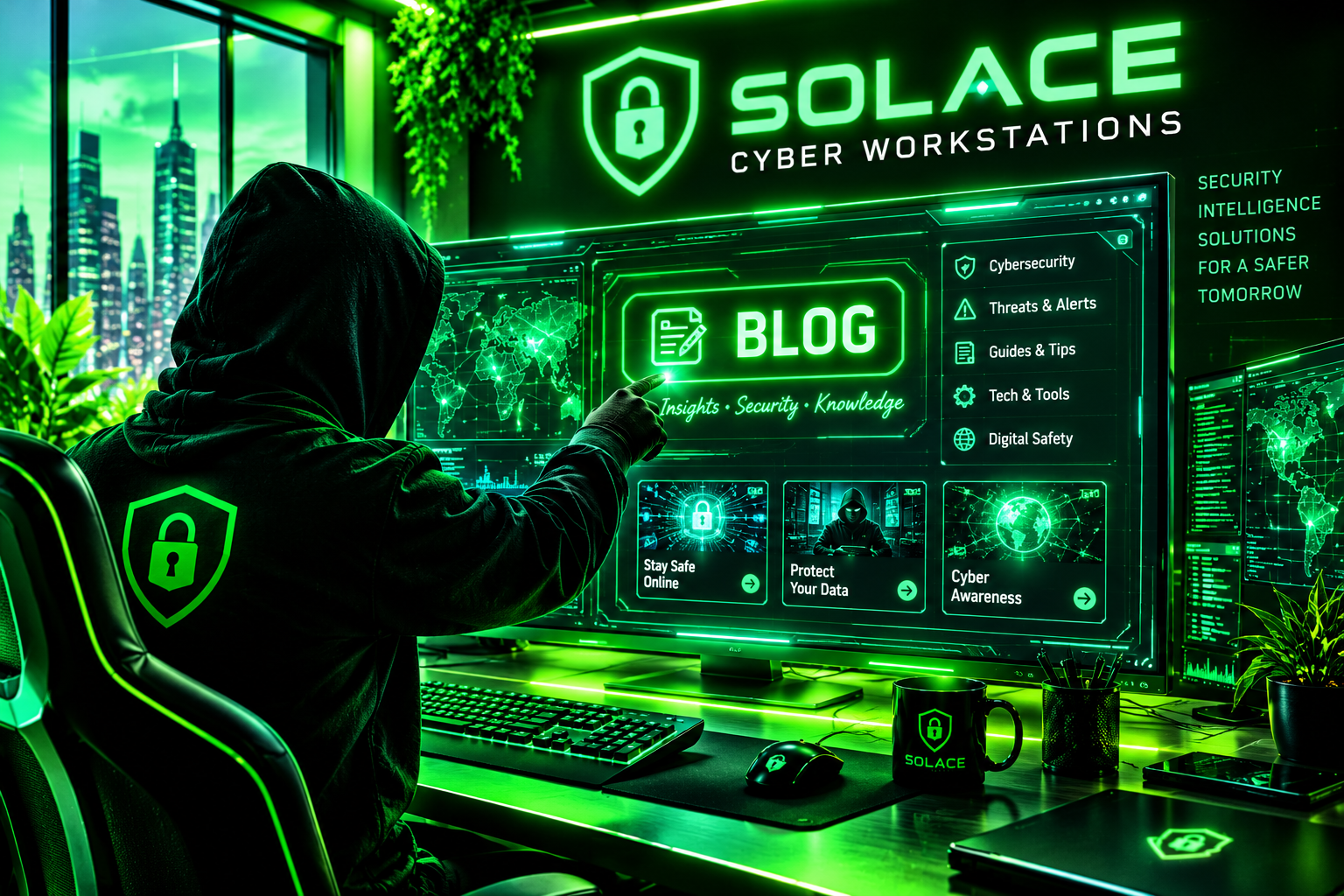 Solace Cyber Workstations cyber analyst at a neon-green security workstation